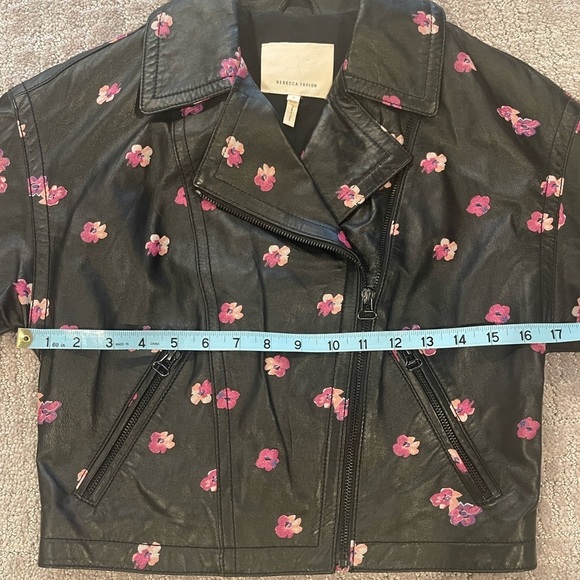 Rebecca Taylor Floriana Black Leather Jacket, Cropped, Pink Flower Print, Sz 2 - Picture 10 of 16